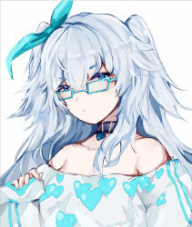 Rule 34 | 1girl, bare shoulders, black choker, blue-framed eyewear, blue eyes, blue nails, blue ribbon, breasts, choker, cleavage, egami+, girls&#039; frontline, glasses, hair between eyes, hair ribbon, hand up, heart, heart-shaped pupils, heart necklace, heart print, jewelry, long hair, long sleeves, looking at viewer, nail polish, necklace, official alternate costume, pa-15 (girls&#039; frontline), pa-15 (marvelous yam pastry) (girls&#039; frontline), parted lips, ribbon, shirt, silver hair, solo, symbol-shaped pupils, upper body, white shirt