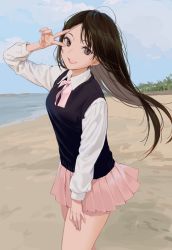 Rule 34 | 1girl, banned artist, beach, black vest, blue sky, blush, brown eyes, brown hair, collared shirt, dress shirt, hand up, highres, icomochi, lips, long hair, long sleeves, looking at viewer, neck ribbon, original, outdoors, parted lips, pink ribbon, pleated skirt, ribbon, school uniform, shirt, skirt, sky, smile, solo, standing, tree, v, vest, water, white shirt, white skirt