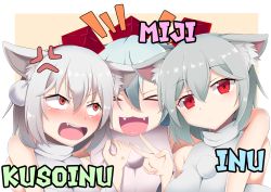 Rule 34 | &gt; &lt;, 3girls, anger vein, animal ear fluff, animal ears, beige background, blush, border, character name, closed mouth, commentary request, cookie (touhou), fangs, grabbing, group hug, hair between eyes, hat, highres, hug, inu (cookie), inubashiri momiji, kuso inu (cookie), looking at another, looking at viewer, multiple girls, nose blush, notice lines, open mouth, ori nazuha, pom pom (clothes), red eyes, red headwear, shirt, short hair, simple background, sleeveless, sleeveless shirt, tokin hat, touhou, turtleneck, upper body, web (cookie), white border, white hair, white shirt, wolf ears
