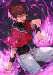 Rule 34 | 1boy, aura, belt, chris, dark persona, evil eyes, evil smile, fire, hungry clicker, jewelry, leotard, male focus, necklace, open mouth, orochi chris, pants, red eyes, simple background, smile, snk, solo, spiked hair, the king of fighters