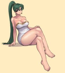 Rule 34 | 1girl, alternate costume, bare arms, bare legs, bare shoulders, barefoot, breasts, cleavage, closed mouth, crossed legs, donburi (donburikazoku), dress, earrings, feet, fire emblem, full body, green eyes, green hair, highres, invisible chair, jewelry, large breasts, legs, long hair, looking at viewer, lyn (fire emblem), matching hair/eyes, nintendo, ponytail, simple background, sitting, smile, solo, thighs, toes, white dress, yellow background