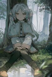 Rule 34 | 1girl, :|, belt, black pantyhose, brown footwear, capelet, closed mouth, commentary, dangle earrings, dot nose, earrings, elf, fog, forest, frieren, gold trim, grass, green eyes, green skirt, hands on own legs, high belt, highres, jewelry, long hair, nature, nenecrepe, on grass, pantyhose, parted bangs, pointy ears, puddle, scenery, shirt, sitting, skirt, sleeves past wrists, solo, sousou no frieren, striped clothes, striped shirt, tree, twintails, water, white capelet, white hair, wide sleeves