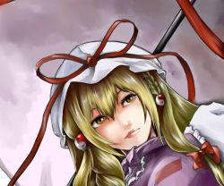 Rule 34 | 1girl, alternate hairstyle, bad id, bad pixiv id, blonde hair, braid, breasts, close-up, dress, dutch angle, eyebrows, gradient background, hair bobbles, hair ornament, hairclip, hat, hat ribbon, lips, looking to the side, mob cap, nakarai takumi, nose, perspective, pink lips, purple background, ribbon, silhouette, single braid, smile, solo, tabard, touhou, upper body, white dress, yakumo yukari, yellow eyes