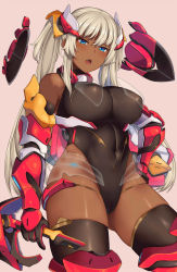 Rule 34 | 1girl, armor, black leotard, black thighhighs, blonde hair, blue eyes, breasts, commentary request, covered erect nipples, covered navel, cowboy shot, dark-skinned female, dark skin, elbow gloves, faulds, gloves, hai ookami, hair ornament, highleg, highleg leotard, holding, holding weapon, large breasts, leotard, long hair, mecha musume, open mouth, original, pink background, single tooth, skindentation, solo, tan, thighhighs, twintails, weapon