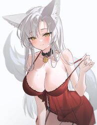 1girl animal_ears babydoll bare_arms bare_shoulders black_panties breasts cleavage closed_mouth collarbone commission covered_navel eun_soyeon_(lustyfox) fox_ears fox_girl fox_tail front-tie_top fymrie garter_belt highres large_breasts leaning_forward long_hair looking_at_viewer mole mole_on_breast mole_under_eye original panties parted_bangs pulling_own_clothes red_babydoll second-party_source simple_background smile solo spaghetti_strap strap_pull tail underwear underwear_only very_long_hair white_background white_hair yellow_eyes