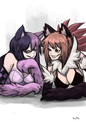Rule 34 | 2girls, animal ear fluff, animal ears, animal hands, animated, animated gif, bikini, blush, breasts, cheshire cat (monster girl encyclopedia), cleavage, corset, grin, large breasts, lips, looking at viewer, lutherniel, manticore (monster girl encyclopedia), monster girl, monster girl encyclopedia, multiple girls, purple hair, red eyes, red hair, simple background, smile, smug, swimsuit, white background, yellow eyes