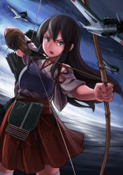 Rule 34 | 10s, 1girl, a6m zero, akagi (kancolle), archery, arrow (projectile), blush, bow (weapon), brown eyes, brown hair, cloud, cloudy sky, delta monster, drawing bow, gloves, hakama, hakama short skirt, hakama skirt, highres, holding, holding bow (weapon), holding weapon, japanese clothes, kantai collection, kyuudou, long hair, muneate, ocean, open mouth, partially fingerless gloves, partly fingerless gloves, personification, quiver, side ponytail, single glove, skirt, sky, solo, tasuki, thighhighs, torpedo, weapon, white thighhighs, yugake