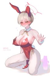 Rule 34 | 1girl, alternate costume, animal ears, armpits, blue archive, blush, breasts, cleavage, collarbone, covered navel, detached collar, dildo, ear blush, fake animal ears, fake tail, flying sweatdrops, halo, highres, kneeling, large breasts, leotard, light brown hair, looking at viewer, marina (blue archive), mmm (mmm623), nose blush, pantyhose, playboy bunny, rabbit ears, rabbit tail, red footwear, red leotard, sex toy, short hair, solo, strapless, strapless leotard, tail, twitter username, wrist cuffs