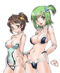 Rule 34 | 10s, 2girls, android, blush, breasts, bright feather, brown hair, busou shinki, cameltoe, cleavage, cross, doll joints, doll limbs, covered erect nipples, glasses, green hair, hair ornament, hairclip, harmony grace, highres, joints, large breasts, mercy rabbit, multiple girls, navel, ponytail, sex doll, sex toy, short hair, side ponytail, sweatdrop, yellow eyes