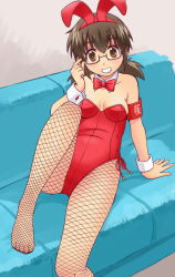 Rule 34 | 1girl, adjusting eyewear, animal ears, arm support, armband, black-framed eyewear, black pantyhose, bow, bowtie, breasts, brown eyes, brown hair, collar, commentary, couch, detached collar, fake animal ears, fishnet pantyhose, fishnets, girls und panzer, leaning back, leg up, leotard, looking at viewer, low twintails, medium breasts, medium hair, on couch, ooarai school uniform, ou taiga, pantyhose, playboy bunny, rabbit ears, red bow, red bowtie, red leotard, school uniform, semi-rimless eyewear, short twintails, side-tie leotard, sitting, smile, solo, strapless, strapless leotard, twintails, under-rim eyewear, uona telepin, white collar, wing collar, wrist cuffs
