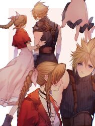 Rule 34 | 1boy, 1girl, aerith gainsborough, armor, bandaged arm, bandages, bangle, belt, blonde hair, blue eyes, blue pants, blue shirt, boots, border, bracelet, braid, braided ponytail, breasts, brown belt, brown footwear, brown hair, choker, cleavage, closed mouth, cloud strife, couple, cropped jacket, dress, final fantasy, final fantasy vii, final fantasy vii rebirth, final fantasy vii remake, flower choker, full body, hair between eyes, hair ribbon, hand on another&#039;s back, hetero, highres, holding hands, interlocked fingers, jacket, jewelry, light blush, long dress, long hair, medium breasts, metal gloves, multiple belts, multiple views, pants, parted bangs, pink background, pink dress, pink ribbon, red jacket, ribbon, sera (serappi), shirt, short hair, short sleeves, shoulder armor, sidelocks, single bare shoulder, single braid, single shoulder pad, sleeveless, sleeveless turtleneck, smile, spiked hair, suspenders, turtleneck, upper body, white border