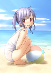 Rule 34 | 1girl, :d, bad id, bad pixiv id, ball, bare arms, bare legs, bare shoulders, barefoot, beach, beachball, blue sky, blush, cloud, commentary request, day, fang, highres, horizon, looking at viewer, looking to the side, ocean, old school swimsuit, one-piece swimsuit, open mouth, original, outdoors, purple hair, red eyes, sand, school swimsuit, shibacha, sky, smile, solo, squatting, swimsuit, twintails, water, white one-piece swimsuit