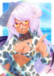 Rule 34 | 1girl, :d, ahoge, animal print, bikini, blurry, blurry background, blush, breasts, cleavage, commission, copyright request, cow print, dark-skinned female, dark skin, day, depth of field, hand up, horns, jacket, kou hiyoyo, lens flare, long hair, looking at viewer, medium breasts, o-ring, o-ring bikini, o-ring top, open clothes, open jacket, open mouth, parted bangs, pink hair, pink wings, pointing, pointing at viewer, print bikini, print jacket, red-framed eyewear, red eyes, semi-rimless eyewear, sharp teeth, skeb commission, smile, solo, swimsuit, teeth, under-rim eyewear, upper body, very long hair, virtual youtuber, wings