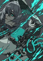 Rule 34 | 1girl, aqua eyes, arknights, black coat, breasts, coat, commentary, electricity, empty eyes, from side, grey background, grey hair, head wings, highres, ho&#039;olheyak (arknights), large breasts, ligne claire, looking at viewer, profile, shirt, shokikanes, short hair, simple background, smile, solo, spot color, upper body, white shirt, wings