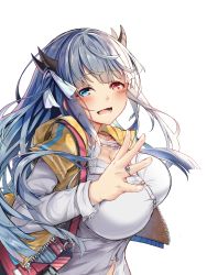 Rule 34 | 1girl, alternate costume, azur lane, bag, blue eyes, blue hair, blush, breasts, buttons, casual, heaven&#039;s melody, heterochromia, highres, hood, hoodie, horns, huge breasts, ibuki (azur lane), jewelry, large breasts, long hair, long sleeves, looking at viewer, necklace, open mouth, red eyes, ring, shirt, sidelocks, simple background, single horn, sleeveless, sleeveless hoodie, smile, solo, transparent background, very long hair, white background, white shirt, yellow hoodie