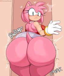 Rule 34 | 1girl, absurdres, amy rose, artist name, ass, back, backless dress, backless outfit, bare shoulders, blush, bracelet, breasts, curvy, doorway, dress, furry, gloves, green eyes, hairband, heart, hedgehog, hedgehog ears, hedgehog girl, hedgehog tail, highres, huge ass, inconvenient ass, jewelry, jinu (jinusenpai), large breasts, looking back, red dress, solo, sonic (series), sound effects, thick thighs, thighs, white gloves