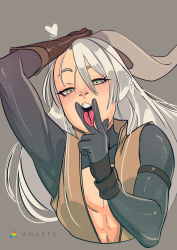 Rule 34 | 1boy, absurdres, anarts, animal ears, warrior of light (ff14), cunnilingus gesture, final fantasy, final fantasy xiv, highres, male focus, original, provocation, rabbit ears, sexually suggestive, shenev frel, solo, tongue, tongue out, trap, viera, white hair