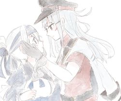 Rule 34 | 2girls, ainu clothes, belt, blue eyes, blush, brown gloves, closed mouth, facial scar, gangut (kancolle), gloves, grey hair, hair between eyes, hair ornament, hairclip, hat, headband, itomugi-kun, jacket, jacket on shoulders, japanese clothes, kamoi (kancolle), kantai collection, long hair, looking at another, military, military hat, military jacket, military uniform, multiple girls, naval uniform, peaked cap, ponytail, red eyes, scar, scar on cheek, scar on face, simple background, uniform, white background, white hair, white jacket