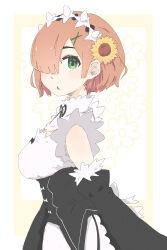 1girl absurdres alternate_costume black_sleeves breasts brown_hair commentary_request cosplay detached_sleeves dress enmaided eyebrows_hidden_by_hair floral_background flower from_side green_eyes hair_flower hair_ornament hair_over_one_eye hairclip highres honma_himawari juliet_sleeves long_sleeves maid medium_breasts nijisanji puffy_sleeves re:zero_kara_hajimeru_isekai_seikatsu roswaal_mansion_maid_uniform short_hair solo thick_eyebrows virtual_youtuber white_background white_dress x_hair_ornament yellow_flower yowayowap