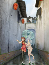 Rule 34 | 2girls, barefoot, blue eyes, breasts, brown eyes, brown hair, china dress, chinese clothes, clothed female nude female, completely nude, day, dongqing zaozigao, dress, feet, female focus, high heels, highres, holding, holding umbrella, long hair, luo tianyi, multiple girls, nipples, nude, outdoors, public indecency, public nudity, pussy, silver hair, sky, smile, thighhighs, toes, umbrella, uncensored, vocaloid, yuezheng ling