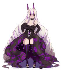 Rule 34 | 1girl, absurdly long hair, absurdres, asymmetrical legwear, bare shoulders, black nails, black thighhighs, blue eyes, commentary, crossed arms, demon, english commentary, extra ears, extra mouth, extra pupils, flat chest, full body, hands on own hips, heterochromia, highres, horns, long hair, malice (worstwarlock), monster girl, multicolored hair, nail polish, original, purple eyes, purple hair, purple thighhighs, red eyes, sandals, skin-covered horns, solo, standing, streaked hair, striped clothes, striped thighhighs, thighhighs, todding, vertical-striped clothes, vertical-striped thighhighs, very long hair, white background, white hair