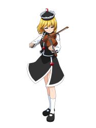 Rule 34 | 1girl, absurdres, black footwear, black hat, black skirt, black vest, blonde hair, bow (music), closed mouth, collared vest, commentary request, crescent, crescent hat ornament, frilled hat, frills, full body, happy, hat, hat ornament, highres, instrument, kneehighs, long sleeves, lunasa prismriver, mary janes, medium hair, music, playing instrument, pointy hat, puffy sleeves, shirt, shoes, side slit, simple background, skirt, smile, socks, solo, standing, tatsu toyoyo, touhou, undershirt, vest, violin, white background, white shirt, white socks