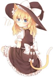Rule 34 | &gt;:/, 1girl, :/, aliasing, animal ears, annoyed, bad id, bad pixiv id, blonde hair, bloomers, blue eyes, blush, bow, cat ears, cat tail, coda (ankoprpr3700), commentary, dress, from behind, hat, hat bow, highres, kemonomimi mode, kirisame marisa, looking at viewer, paw pose, pout, solo, squatting, squiggle, tail, touhou, underwear, v-shaped eyebrows, witch hat