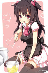 Rule 34 | 1girl, apron, ascot, between legs, black thighhighs, bow, bowtie, brown hair, character request, chiyingzai, cooking, copyright request, hair bow, hand between legs, heart, ladle, licking, long hair, open mouth, original, over wear, pink eyes, simple background, sitting, solo, thighhighs, tongue, two side up, wariza, zettai ryouiki