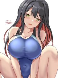 Rule 34 | 1girl, black hair, black one-piece swimsuit, blue one-piece swimsuit, breasts, competition swimsuit, covered navel, dated, hair between eyes, highres, impossible clothes, impossible swimsuit, kantai collection, large breasts, long hair, looking at viewer, montemasa, multicolored clothes, multicolored hair, multicolored swimsuit, naganami (kancolle), one-hour drawing challenge, one-piece swimsuit, open mouth, pink hair, simple background, sitting, smile, solo, swimsuit, twitter username, two-tone hair, two-tone swimsuit, wavy hair, white background, yellow eyes