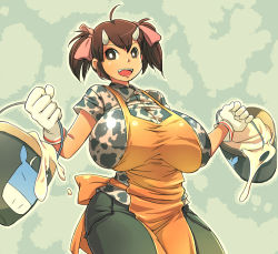 Rule 34 | 1girl, animal print, apron, breasts, brown eyes, brown hair, cow girl, cow print, gloves, hataraki ari, horns, huge breasts, milk, original, short twintails, solo, standing, sukimi, twintails, white gloves