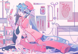 Rule 34 | 1girl, aqua eyes, aqua hair, bandaged arm, bandages, bandaid on wrist, boots, breasts, diagram, full body, hair between eyes, hat, hatsune miku, highres, holding, holding syringe, infirmary, intravenous drip, koiiro byoutou (vocaloid), long hair, looking at viewer, nurse, nurse cap, open mouth, pill, pill bottle, pink hat, pink shirt, pink theme, red footwear, renzhi00334233, scissors, shirt, short sleeves, sitting, small breasts, smile, solo, stethoscope, syringe, thermometer, thigh boots, twintails, vocaloid