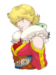 Rule 34 | 1girl, baten kaitos, blonde hair, breasts, closed mouth, commentary request, creature, earrings, highres, jewelry, lips, looking at viewer, medium breasts, shirako (kirupi), short hair, simple background, smile, solo, white background, xelha (baten kaitos), yellow eyes