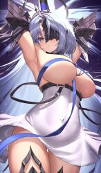 Rule 34 | 1girl, absurdres, alsace (azur lane), armored legwear, armpits, arms behind head, azur lane, bare shoulders, between breasts, black gauntlets, black tiara, blue eyes, blue hair, blue ribbon, blush, breast ribbon, breast strap, breastless clothes, breasts, covered navel, detached collar, dress, eiryu33, eye mask, gauntlets, gluteal fold, hair between eyes, hair ornament, halo, halo behind head, highres, large breasts, long hair, looking at viewer, o-ring, one eye covered, parted bangs, parted lips, ribbon, skindentation, solo, thigh gap, thighs, tiara, very long hair, white dress