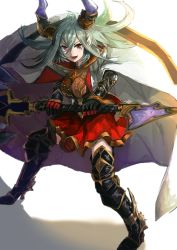 Rule 34 | 10s, 1girl, :d, aqua hair, arutoman, axe, battle axe, black gloves, black thighhighs, breasts, cape, draph, gloves, granblue fantasy, hair between eyes, high heels, highres, holding, holding weapon, hood, hood down, horns, large breasts, long hair, looking at viewer, miniskirt, open mouth, pointy ears, red eyes, red skirt, shadow, simple background, skirt, smile, solo, standing, teeth, thighhighs, threo (granblue fantasy), weapon, white background, zettai ryouiki