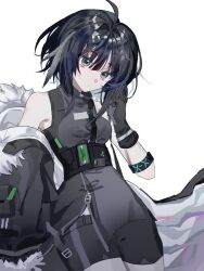 Rule 34 | 1girl, ahoge, arknights, bare shoulders, black gloves, black hair, black jacket, black shorts, blue eyes, breasts, closed mouth, commentary request, gloves, grey feathers, grey shirt, hair between eyes, hair intakes, hair ornament, hairclip, hand up, highres, jacket, la pluma (arknights), long sleeves, looking at viewer, mamiqiufan, medium breasts, off shoulder, shirt, short shorts, shorts, simple background, sleeveless, sleeveless shirt, solo, white background