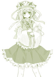 Rule 34 | 1girl, bad id, bad pixiv id, female focus, green theme, hat, looking at viewer, monochrome, ribbon, rod of remorse, shiki eiki, short hair, simple background, skirt, solo, touhou, white background, yu-ves