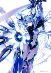Rule 34 | 1girl, absurdres, blue eyes, blush, bodysuit, breasts, covered navel, hair between eyes, highres, holding, holding sword, holding weapon, long hair, looking at viewer, medium breasts, neptune (series), next purple, official art, power symbol-shaped pupils, purple hair, purple heart (neptunia), scan, shin jigen game neptune vii, simple background, smile, solo, sword, symbol-shaped pupils, tsunako, very long hair, weapon, white background