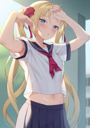 Rule 34 | 1girl, :o, alexmaster, armpits, arms up, blonde hair, blue eyes, blue sailor collar, blue skirt, blurry, blurry background, blush, bow, breasts, cowboy shot, gradient eyes, hair bow, hair ribbon, hand on own head, long hair, looking at viewer, midriff, multicolored eyes, neckerchief, original, pleated skirt, red bow, red neckerchief, red ribbon, ribbon, sailor collar, school uniform, serafuku, short sleeves, sidelocks, skirt, small breasts, solo, sweat, twintails, very long hair, yellow eyes