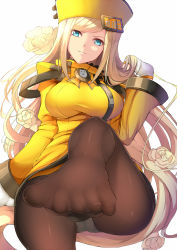Rule 34 | 1girl, bad id, bad pixiv id, blonde hair, blue eyes, breasts, brown pantyhose, closed mouth, fay (fay axl), feet, flower, foot focus, gloves, guilty gear, guilty gear xrd, hand in own hair, hat, head tilt, large breasts, long hair, long sleeves, looking at viewer, md5 mismatch, millia rage, no shoes, panties, panties under pantyhose, pantyhose, sitting, smile, solo, swept bangs, toenails, toes, tucking hair, underwear, very long hair, white background, white gloves, white panties, yellow hat