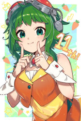 Rule 34 | 1girl, :i, bare shoulders, blush, breasts, carrot, closed mouth, collar, commentary request, detached collar, fingers to cheeks, goggles, goggles on head, green eyes, green hair, gumi, hands up, highres, lightning bolt symbol, medium breasts, nou (nounknown), orange skirt, orange vest, signature, skirt, smile, solo, thick eyebrows, vest, vocaloid, white collar, wing collar, wrist cuffs