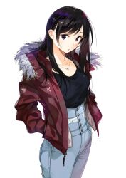 1girl black_hair closed_mouth fur-trimmed_jacket fur_trim hands_in_pockets highres jacket jewelry kanojo_okarishimasu long_hair looking_at_viewer miyajima_reiji mizuhara_chizuru necklace official_art pants purple_eyes simple_background solo standing white_background