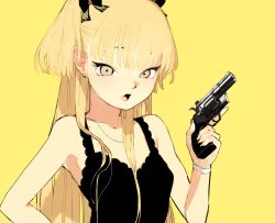 Rule 34 | 1girl, armband, bad id, bad pixiv id, bare shoulders, black camisole, blonde hair, camisole, earrings, eyebrows, eyelashes, fingernails, gun, hageshii nakano, hair ribbon, handgun, holding, holding gun, holding weapon, idolmaster, idolmaster cinderella girls, jewelry, jougasaki rika, long fingernails, long hair, looking at viewer, nail polish, necklace, open mouth, revolver, ribbon, simple background, solo, stud earrings, trigger discipline, two side up, upper body, weapon, weapon request, yellow background, yellow eyes, yellow nails, yellow theme
