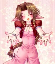 Rule 34 | 1990s (style), 1girl, ^ ^, aerith gainsborough, bad id, bad pixiv id, blush, bow, brown hair, closed eyes, dress, closed eyes, female focus, final fantasy, final fantasy vii, happy, incoming hug, jacket, long hair, minatosaiga, open mouth, outstretched hand, pink bow, pink dress, pink ribbon, ponytail, red ribbon, retro artstyle, ribbon, smile, solo, very long hair, wristband