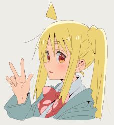 Rule 34 | 1girl, ahoge, blonde hair, blush, bocchi the rock!, bow, bowtie, grey background, highres, ijichi nijika, long hair, looking at viewer, meito (maze), red bow, red bowtie, red eyes, side ponytail, sidelocks, simple background, solo, w