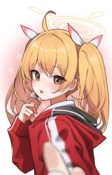 Rule 34 | 1girl, absurdres, blonde hair, blue archive, blush, brown eyes, halo, highres, jacket, long hair, long sleeves, momocadraw, open mouth, red jacket, simple background, solo, track jacket, twintails, upper body, white background, yellow halo, yoshimi (blue archive)
