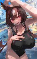 Rule 34 | 1girl, absurdres, animal ears, arm up, black one-piece swimsuit, breasts, brown hair, competition swimsuit, ear ornament, earrings, highres, horse ears, jewelry, large breasts, long hair, looking at viewer, multicolored hair, one-piece swimsuit, open mouth, pasuo, red eyes, sirius symboli (umamusume), smile, solo, streaked hair, swimsuit, tongue, tongue out, umamusume, upper body, very long hair, water drop, wet, white hair