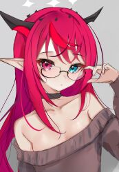Rule 34 | 1girl, black-framed eyewear, black choker, blue eyes, breasts, choker, double halo, glasses, grey background, grey sweater, halo, heterochromia, highres, hololive, hololive english, horns, irys (hololive), long hair, looking at viewer, medium breasts, multicolored hair, pointy ears, purple hair, red eyes, red hair, rifufu, simple background, solo, star halo, sweater, two-tone hair, upper body, very long hair, virtual youtuber