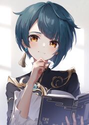 Rule 34 | 1boy, androgynous, asymmetrical bangs, blue gemstone, blue hair, blue shirt, blush, book, child, chinese clothes, dark blue hair, earrings, frilled shirt collar, frilled sleeves, frills, gem, genshin impact, highres, holding, holding book, jewelry, long sleeves, looking at viewer, male focus, medium hair, open book, shirt, single earring, smile, tassel, tassel earrings, usami (usami l), wide sleeves, xingqiu (genshin impact), yellow eyes