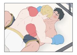 Rule 34 | 2boys, ao isami, ass, bara, between legs, black hair, blonde hair, blush, boxing gloves, couple, facial hair, feet out of frame, haruri fbje, highres, lewis smith, lying, male focus, multiple boys, official alternate costume, on back, on stomach, shorts, sideburns stubble, stubble, sweatdrop, thick eyebrows, toned, toned male, topless male, wrestling outfit, wrestling ring, yaoi, yuuki bakuhatsu bang bravern