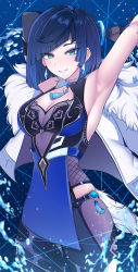 Rule 34 | 1girl, absurdres, armpits, arms up, blue background, blue hair, blunt bangs, bob cut, breasts, brooch, cleavage, cleavage cutout, clothing cutout, cowboy shot, dice, earrings, elbow gloves, fur-trimmed jacket, fur trim, genshin impact, gloves, green eyes, grin, highres, jacket, jewelry, large breasts, looking at viewer, min ha, mole, mole on breast, short hair, single glove, sleeveless, smile, solo, standing, white jacket, yelan (genshin impact)